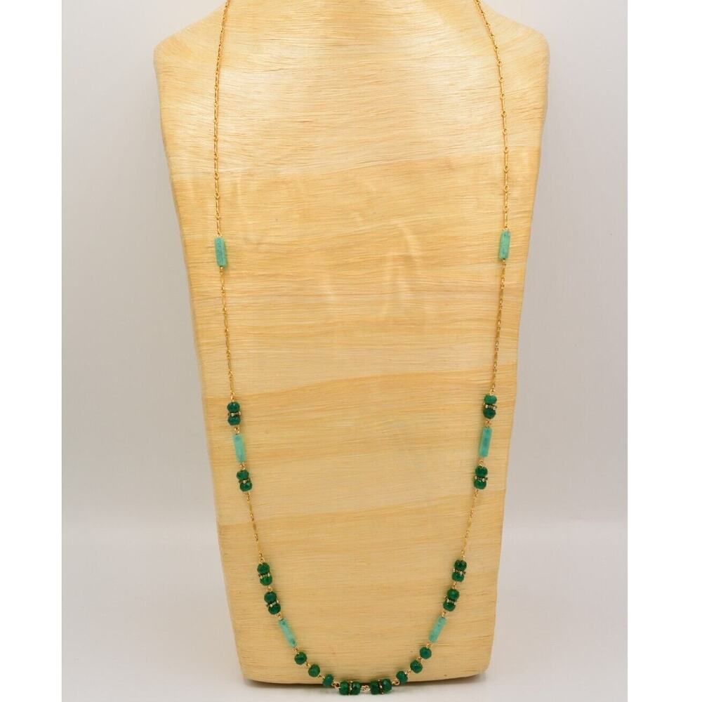 Wendy Mink Necklace Green Crystal Beaded Station Chain Gold Tone SIgned 9J